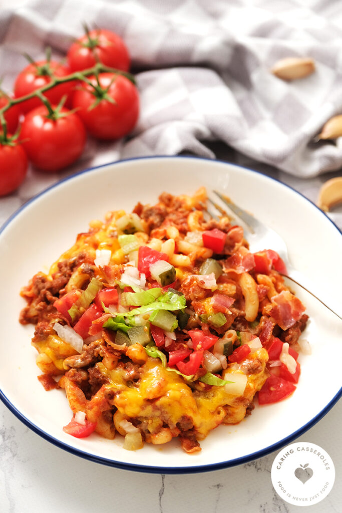 cheeseburger casserole on white plate