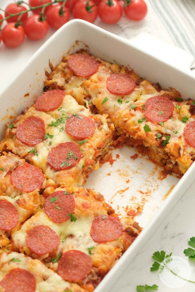 bubble pizza casserole with piece missing