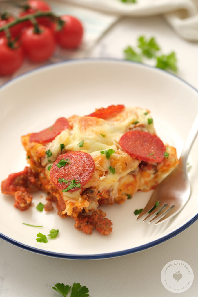 bubble pizza casserole on white plate