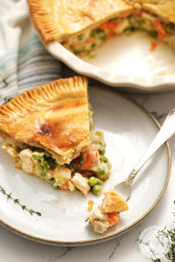 A slice of chicken pot pie served on a plate.