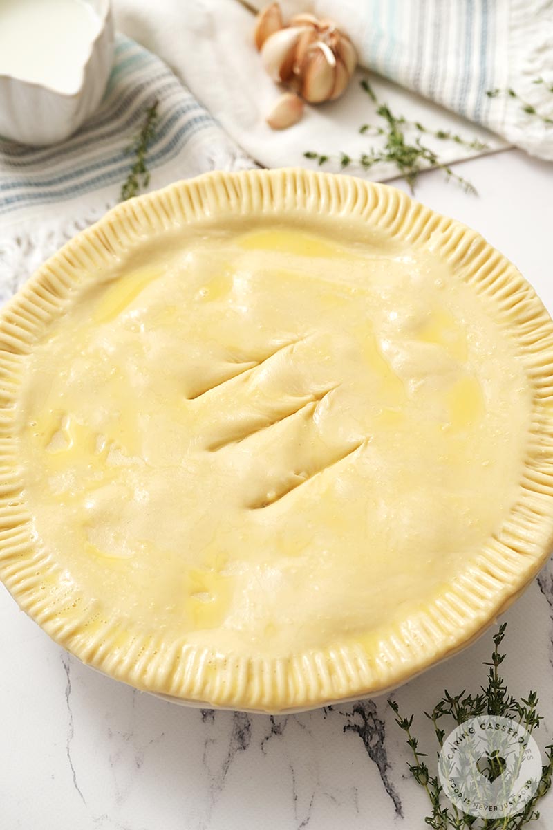 Pie sealed and eggwashed, ready for baking.