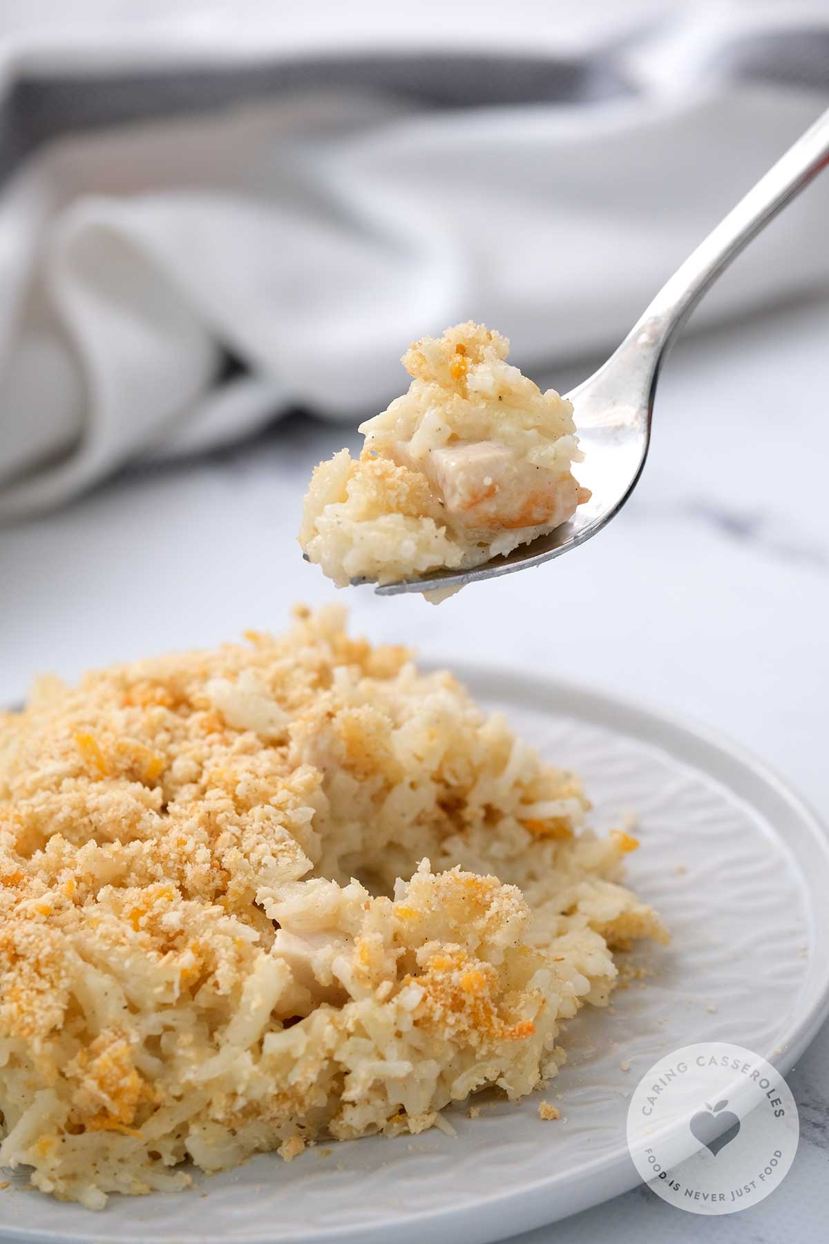 A delicious chicken and rice casserole made from a recipe from Caring Casseroles.
