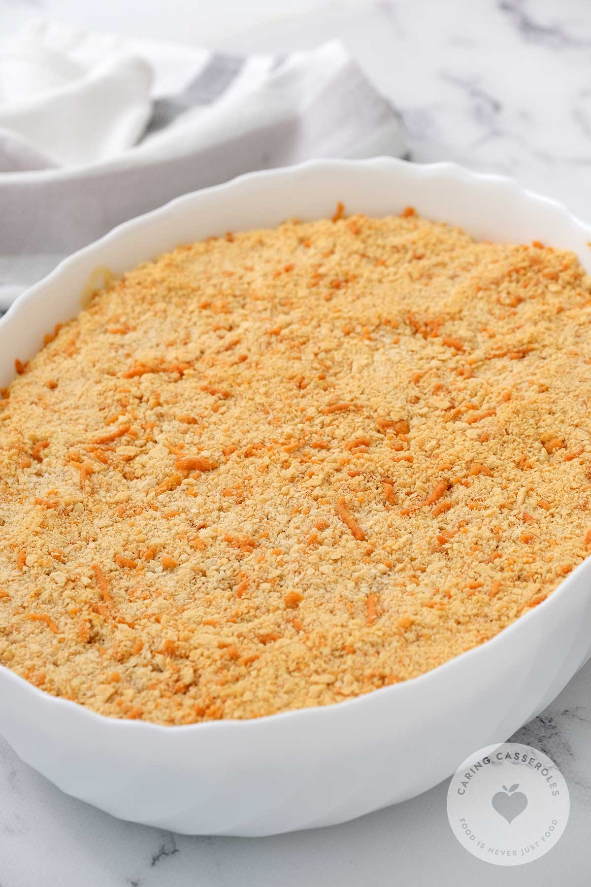 The dish fresh out the over after backing for 20-25 minutes, or until the topping is golden brown and the casserole is bubbling.
