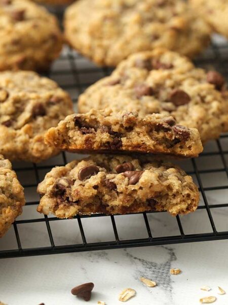 gluten free dairy free chocolate chip oatmeal cookies on cooling rack