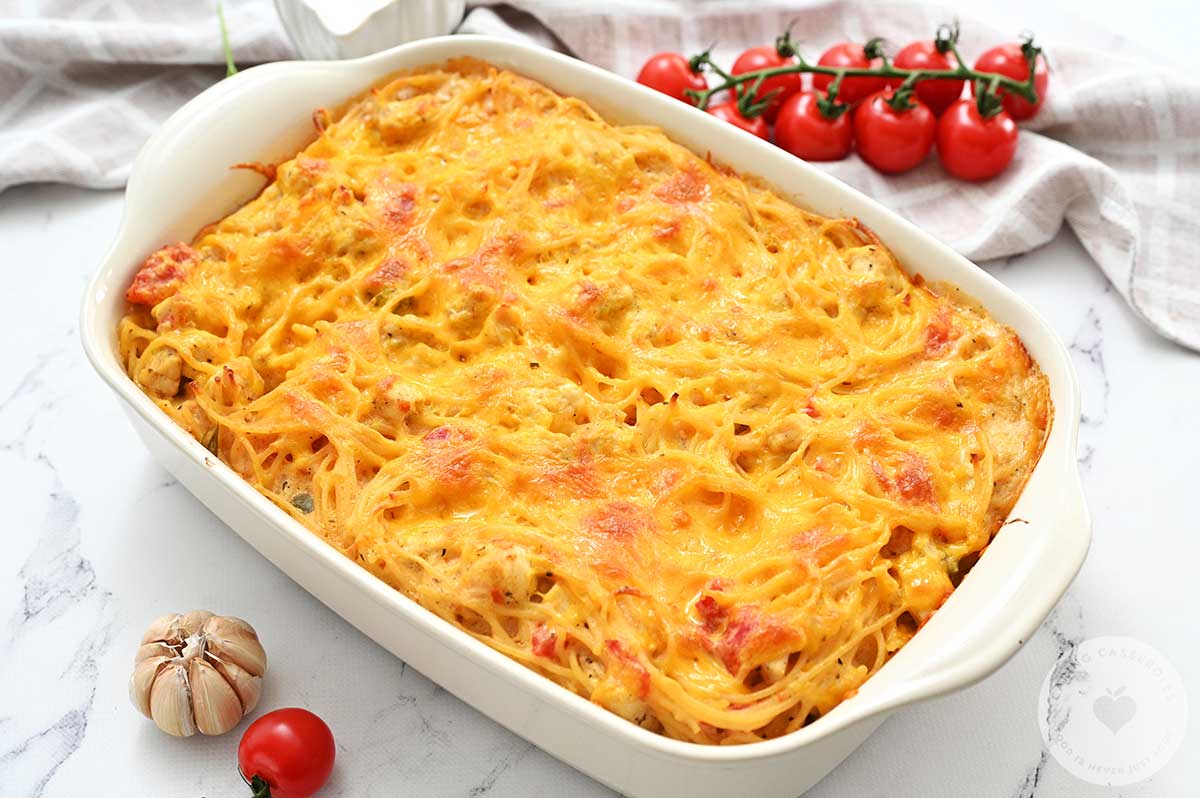 Chicken Spaghetti in a baking dish fresh out the oven. 