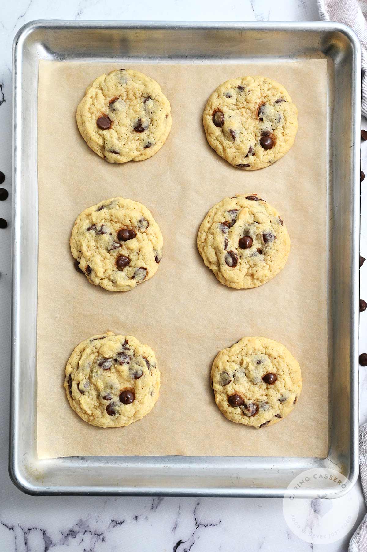 Baked Chocolate Chip Cookies on a baking tray, fresh out of the oven. 