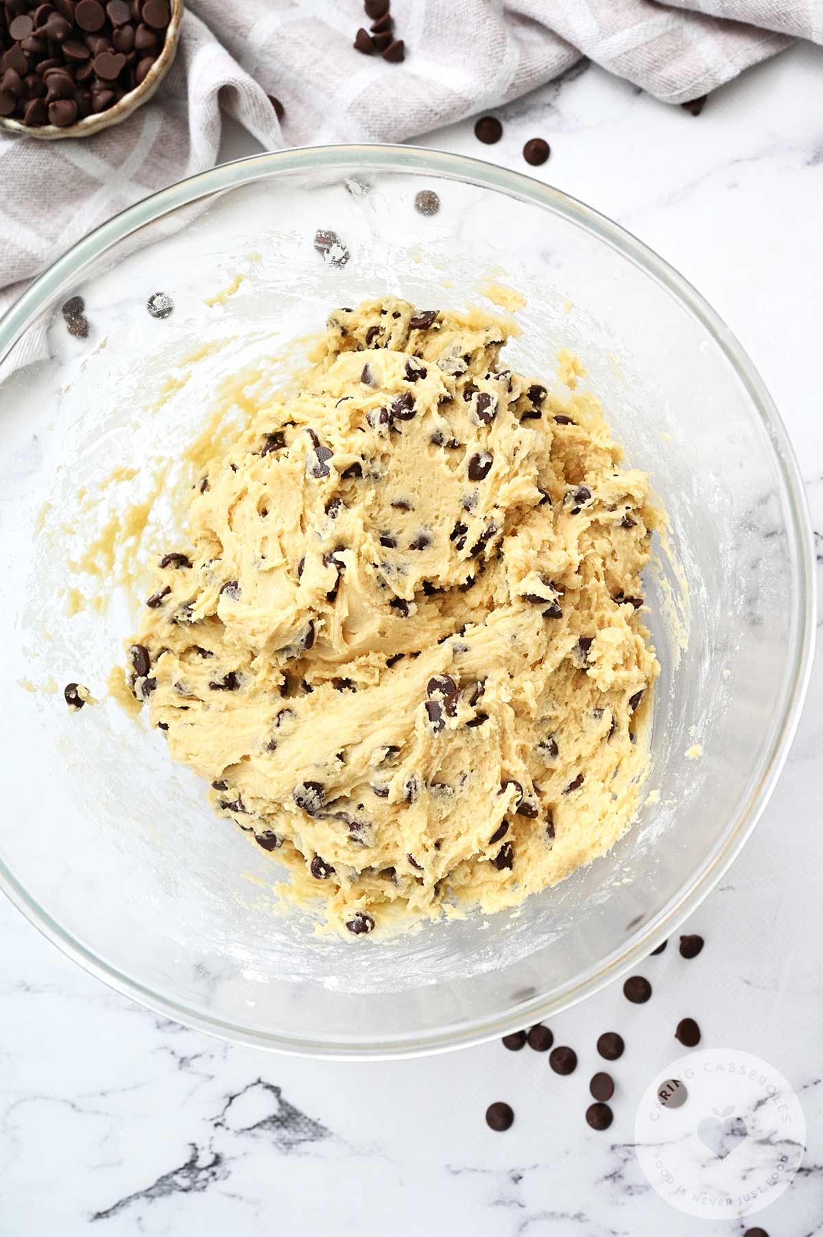 Chocolate chip cookie dough all mixed, and ready to chill.