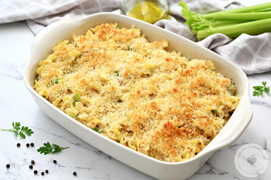 Tuna casserole fresh out the oven and baked till golden brown.