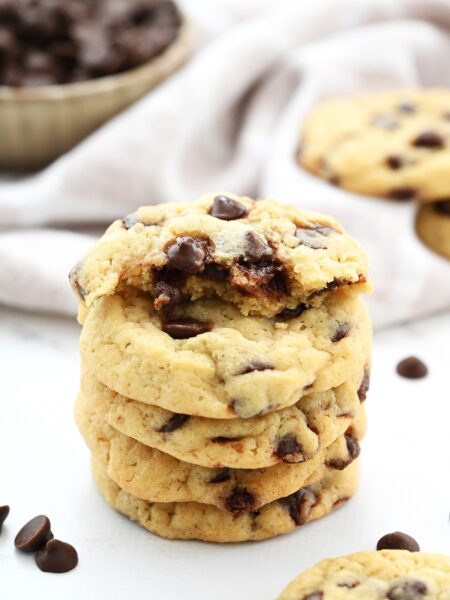 A tower of choc chip cookies, ready to eat!
