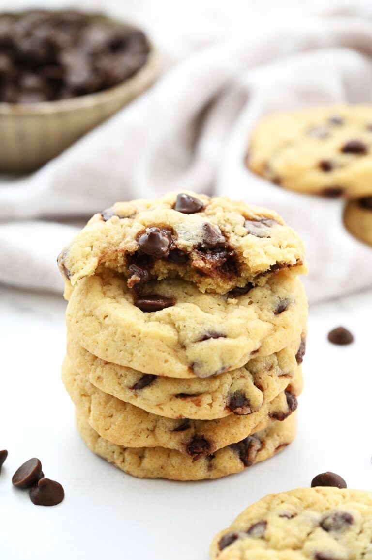 A tower of choc chip cookies, ready to eat!