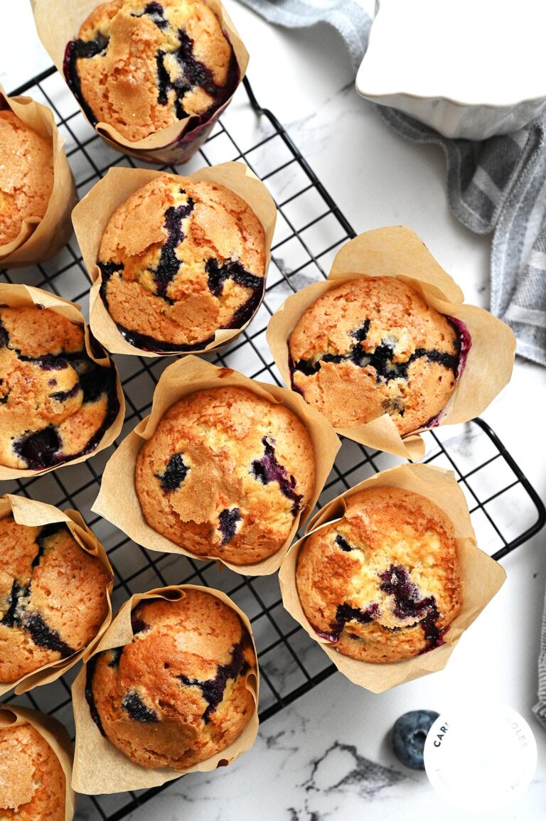 looking down on blueberry muffins on cooling rack