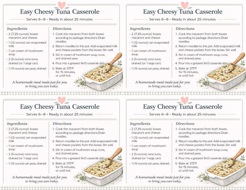 easy cheese tun casserole recipe card
