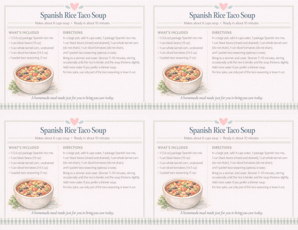 printable recipe card for spanish rice taco soup meal in a bag