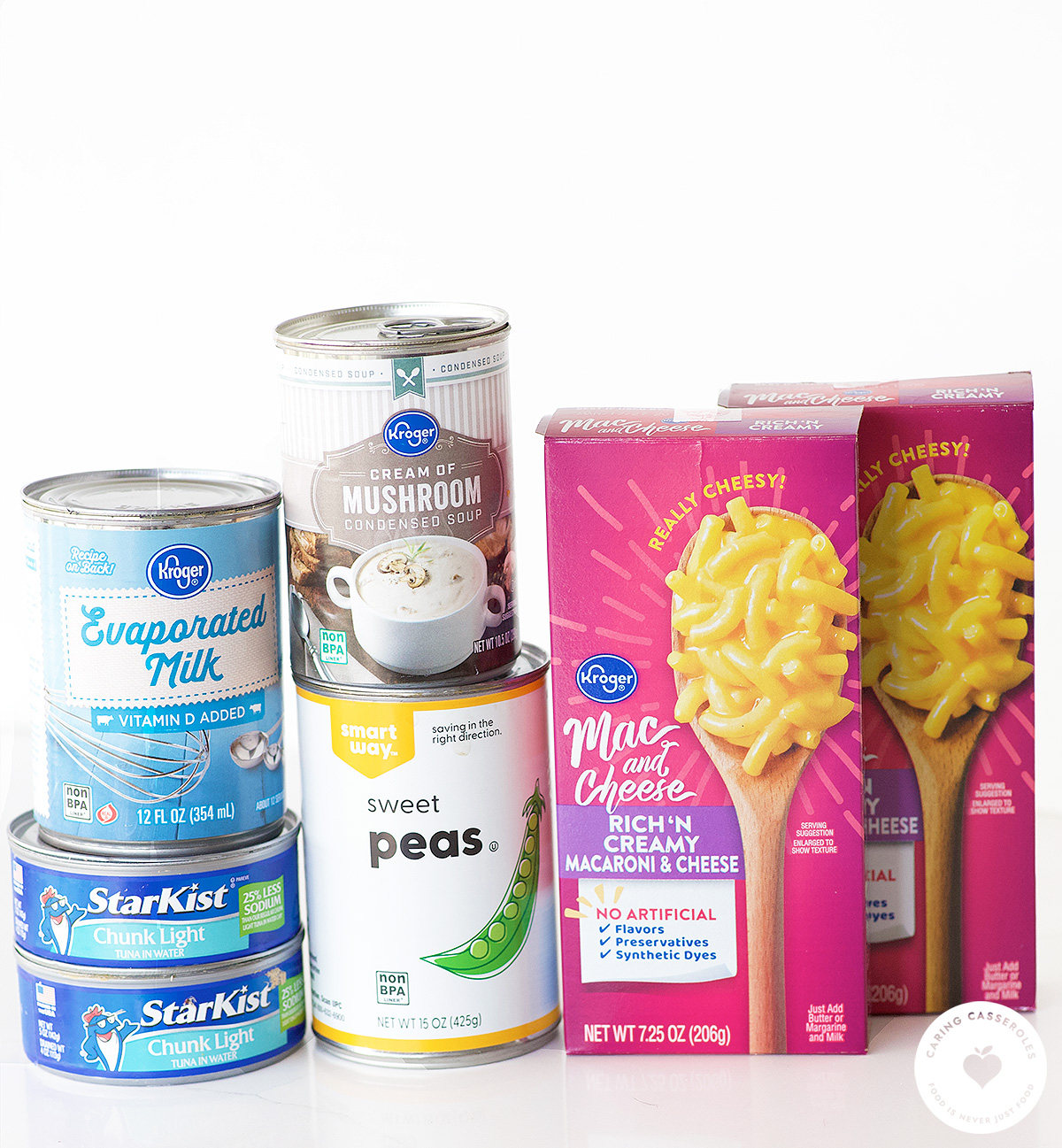 Ingredients used to assemble a tuna casserole meal in a bag pantry meal kit
