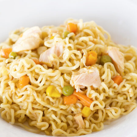 chicken ramen stir fry made with ramen noodles canned chicken and vegetables