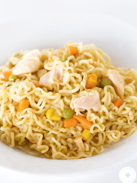 chicken ramen stir fry made with ramen noodles canned chicken and vegetables