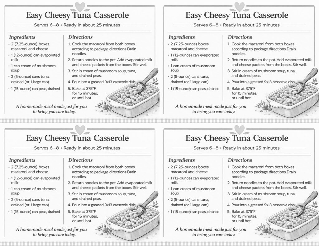 easy cheesy tuna casserole recipe card black and white