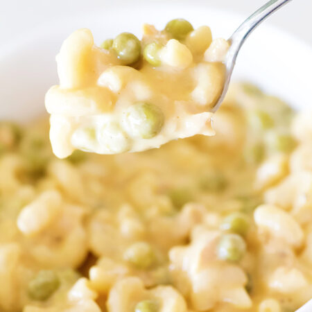 Easy cheesy tuna casserole prepared from a meal in a bag pantry meal kit.spoon