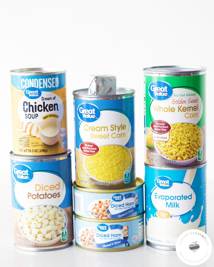 canned corn, canned ham, canned cream corn, canned potatoes, canned evaporated milk
