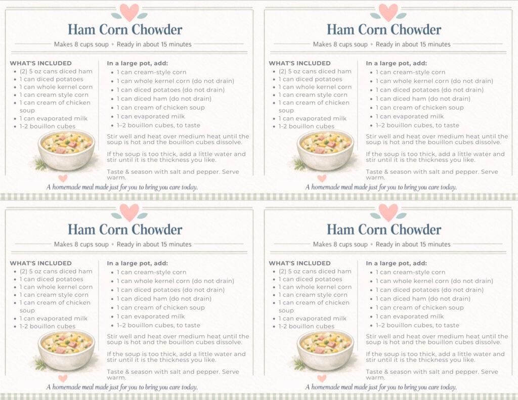 printable recipe card for ham corn chowder