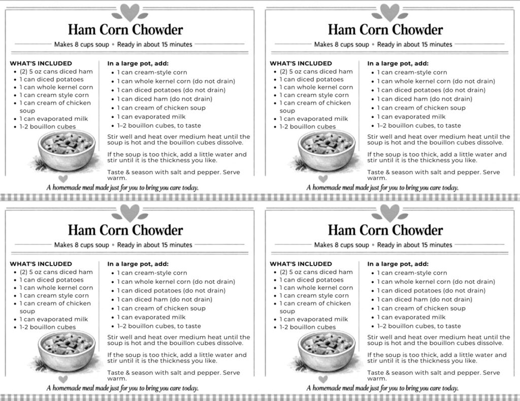 black and white printable recipe card for ham corn chowder