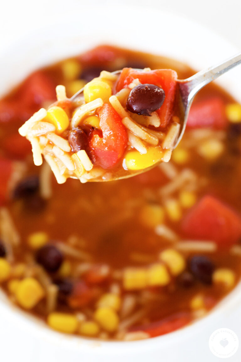 Spanish rice taco soup made from a meal in a bag pantry meal kit