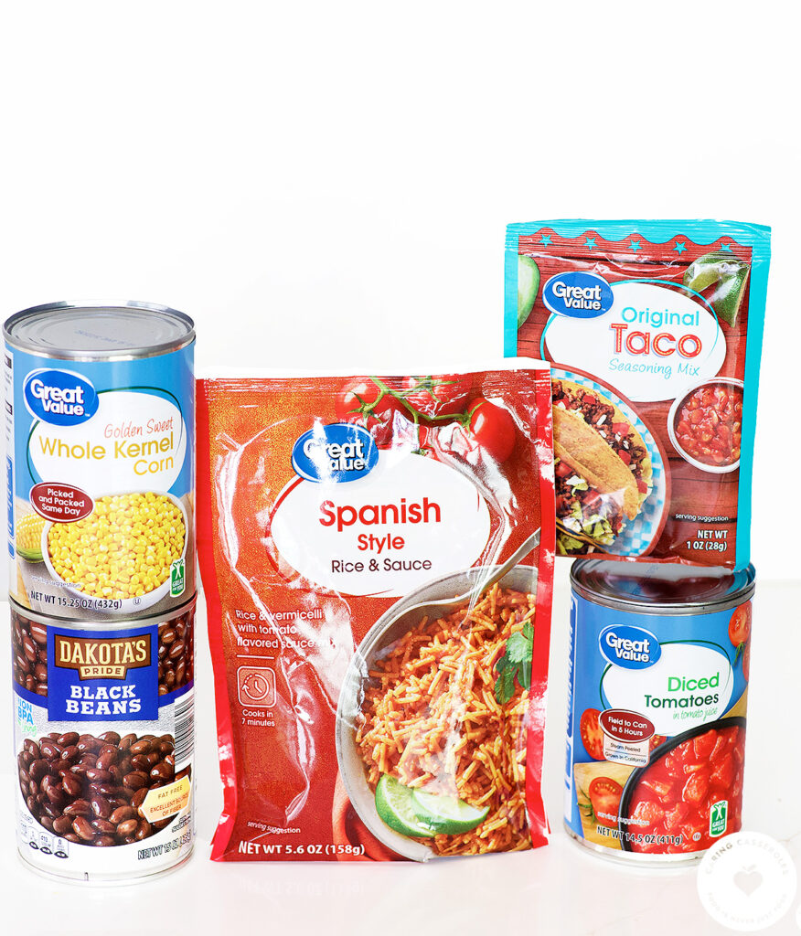 Spanish rice taco soup meal in a bag ingredients for pantry meal kit