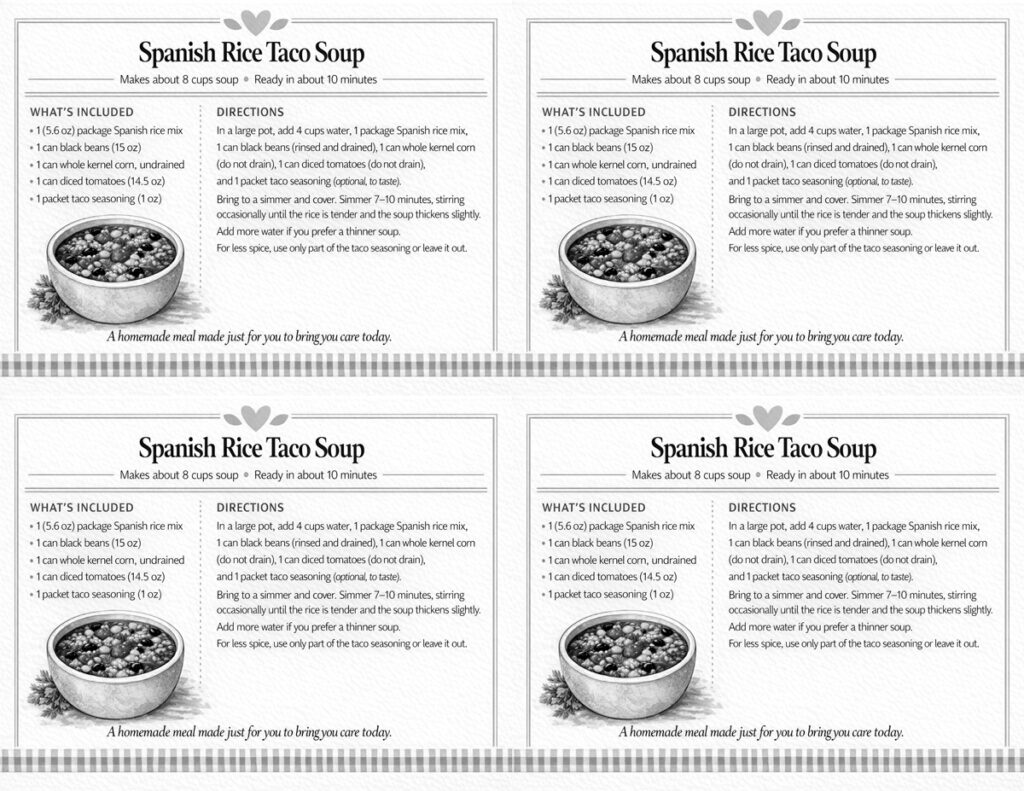 Printable recipe card for Spanish Rice Taco Soup Meal in a Bag pantry meal kit black and white