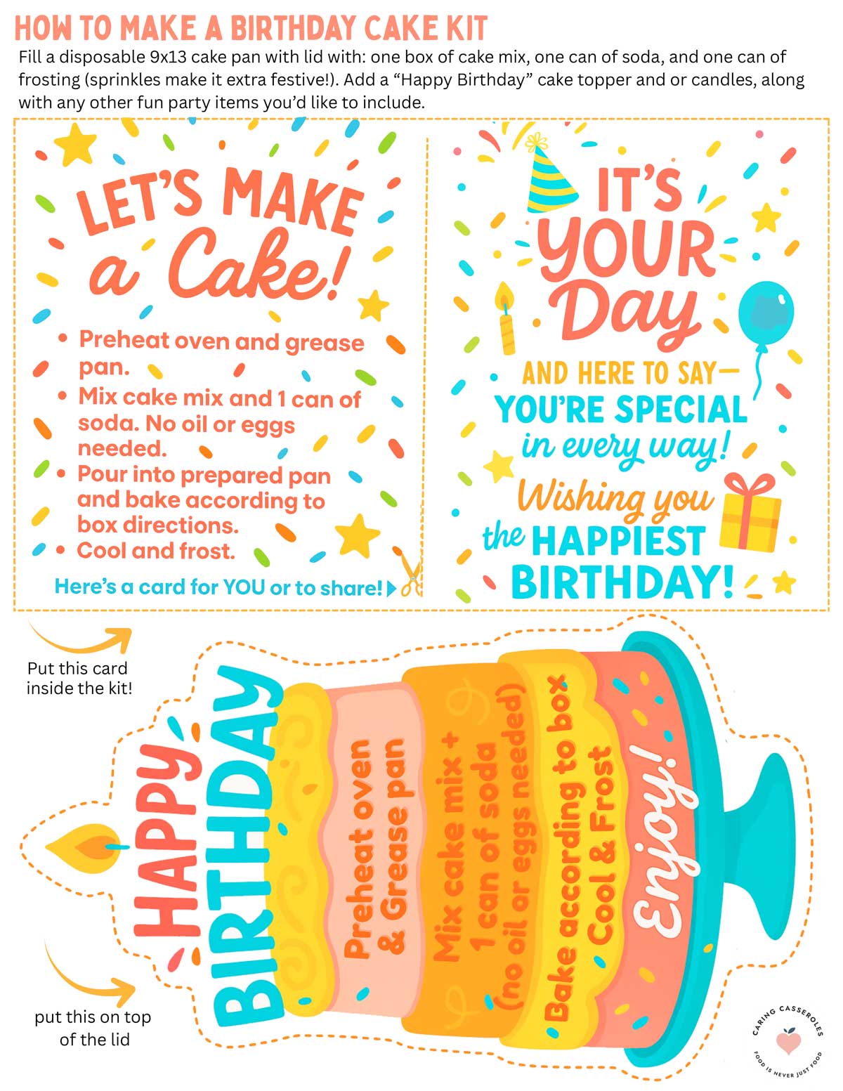 Free printable birthday cake kit PDF featuring Let's Make a Cake baking instructions, an It's Your Day birthday card, and a colorful cake-shaped Happy Birthday label.