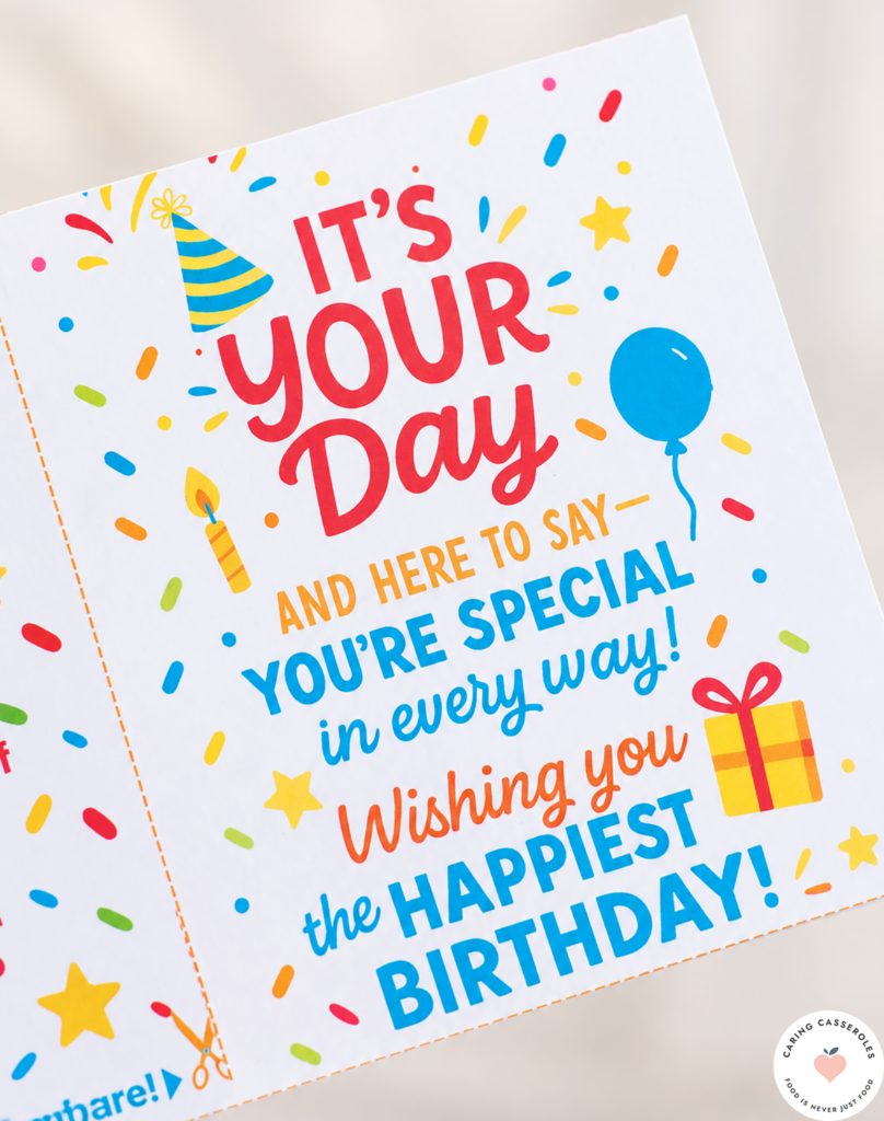 Colorful It's Your Day printable birthday card with balloons, confetti, a party hat, and a cheerful birthday message.